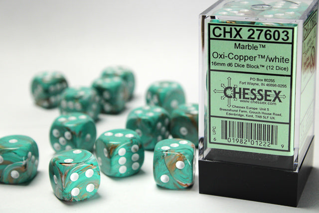 Chessex: Marble - 16mm D6 36PC Dice Block (Oxi-Copper & White)