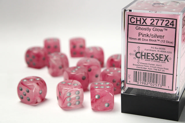 Chessex: Ghostly Glow - 16mm D6 36PC Dice Block (Pink & Silver)