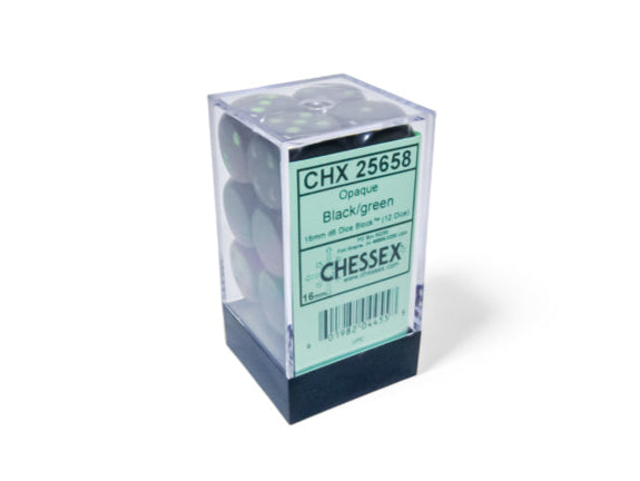 Chessex: Opaque - 16mm D6 12PC Dice Block (Black & Green)