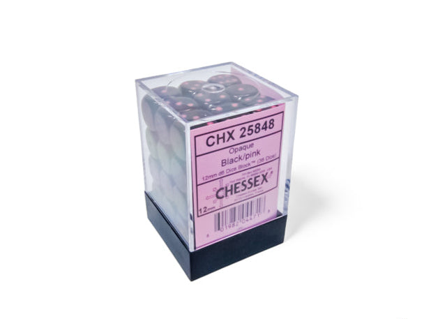 Chessex: Opaque - 12mm D6 36PC Dice Block (Black & Pink)