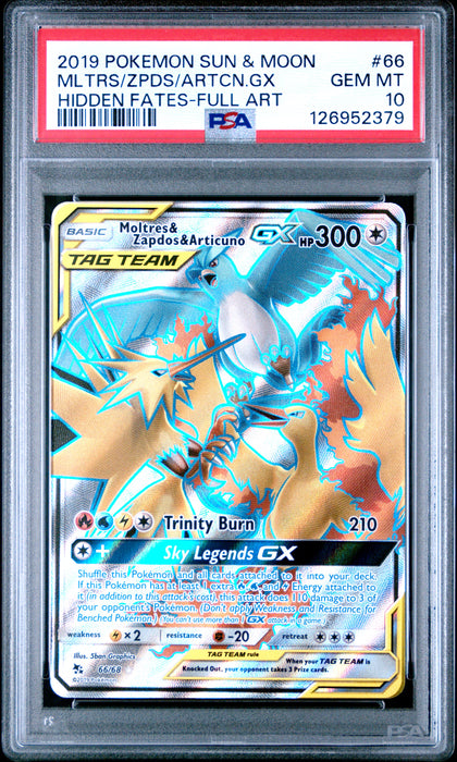Moltres & Zapdos & Articuno GX HIDDEN FATES-FULL ART 2019 POKEMON SUN & MOON HIDDEN FATES PSA 10