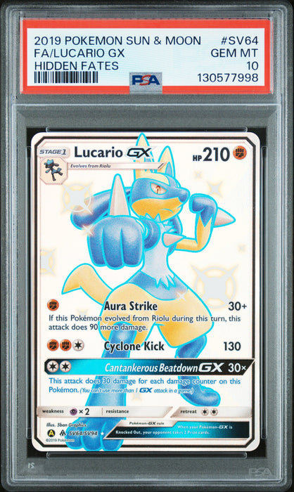 LUCARIO GX HIDDEN FATES 2019 POKEMON SUN & MOON HIDDEN FATES PSA 10