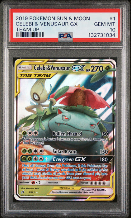 CELEBI & VENUSAUR GX TEAM UP 2019 POKEMON SUN & MOON TEAM UP PSA 10