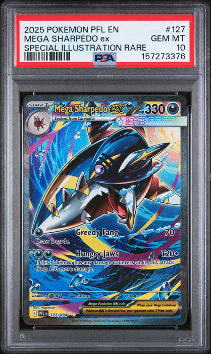 MEGA SHARPEDO ex SPECIAL ILLUSTRATION RARE 2025 POKEMON PFL EN-PHANTASMAL FLAMES PSA 10