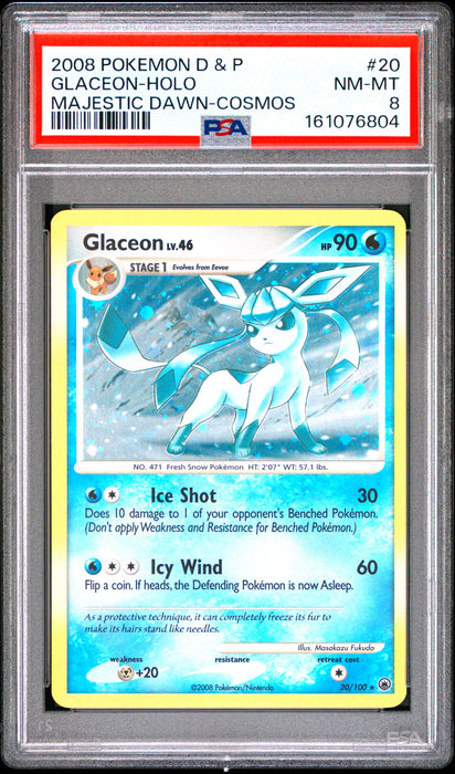 GLACEON-HOLO MAJESTIC DAWN-COSMOS 2008 POKEMON DIAMOND & PEARL MAJESTIC DAWN PSA 8