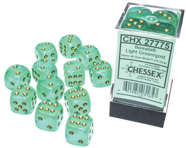 Chessex: Borealis - Luminary - 16mm D6 36PC Dice Block (Light Green & Gold)