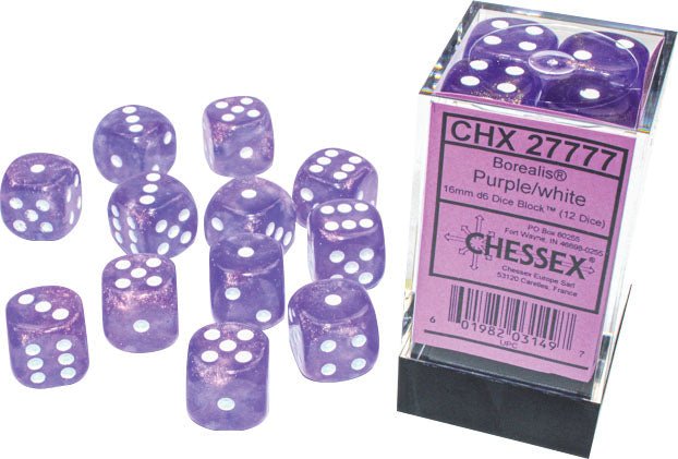 Chessex: Borealis - Luminary - 16mm D6 12PC Dice Block (Purple & White)