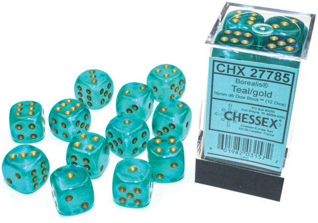 Chessex: Borealis - Luminary - 16mm D6 36PC Dice Block (Teal & Gold)