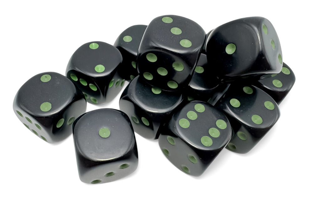 Chessex: Opaque - 16mm D6 12PC Dice Block (Black & Green)