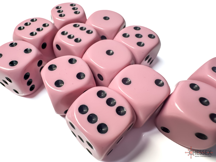 Chessex: Opaque - 16mm D6 12PC Dice Block (Pastel Pink & Black)