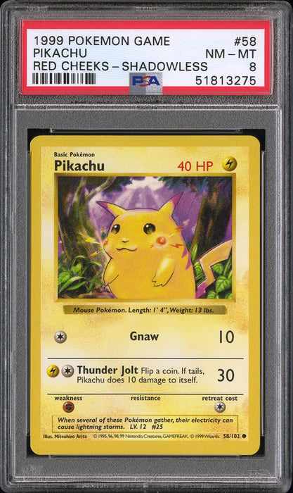 PIKACHU RED CHEEKS-SHADOWLESS RED CHEEKS-SHADOWLESS 1999 POKEMON GAME PSA 8