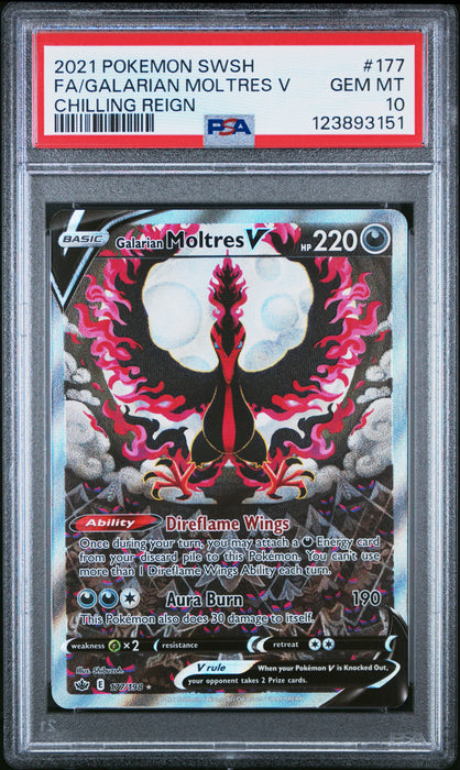 FA/GALARIAN MOLTRES V CHILLING REIGN 2021 POKEMON SWORD & SHIELD CHILLING REIGN PSA GEM MT 10