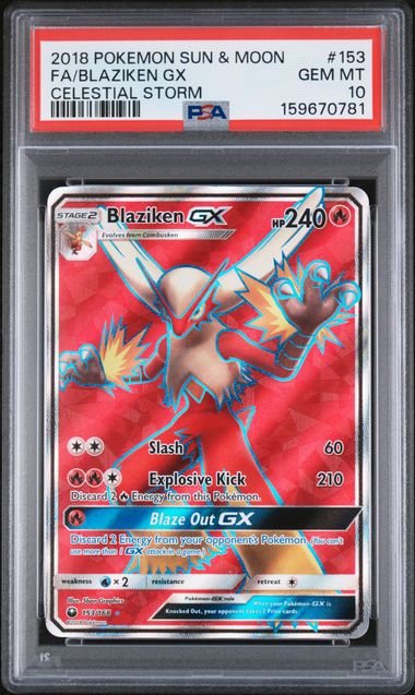 #153 BLAZIKEN GX CELESTIAL STORM FA 2018 POKEMON SUN & MOON CELESTIAL STORM PSA 10