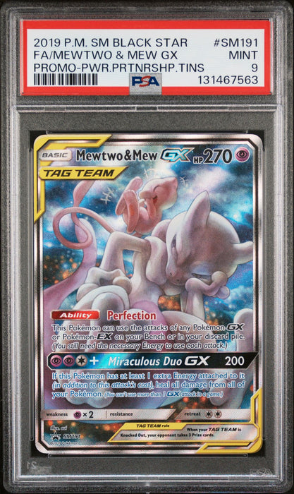 FA/MEWTWO & MEW GX PROMO-PWR.PRTNRSHP.TINS 2019 POKEMON SM BLACK STAR PROMO PSA MINT 9