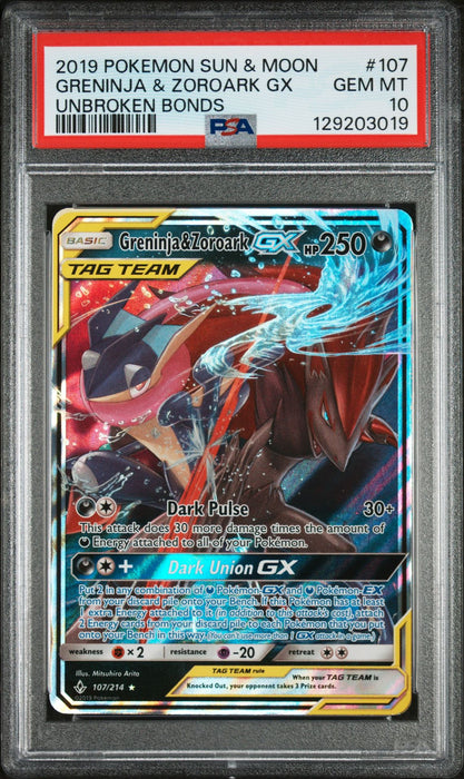 GRENINJA & ZOROARK GX UNBROKEN BONDS 2019 POKEMON SUN & MOON UNBROKEN BONDS PSA GEM MT 10