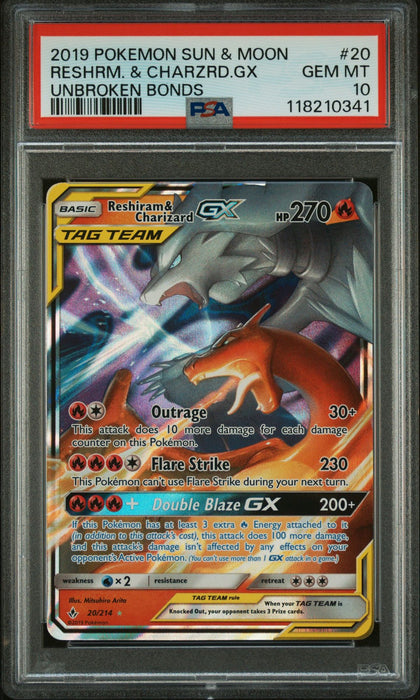 RESHRM. & CHARZRD.GX UNBROKEN BONDS 2019 POKEMON SUN & MOON UNBROKEN BONDS PSA GEM MT 10