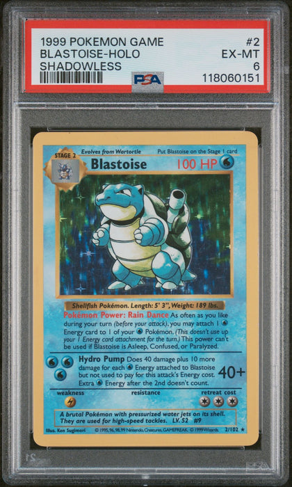 BLASTOISE-HOLO SHADOWLESS 1999 POKEMON GAME PSA EX-MT 6