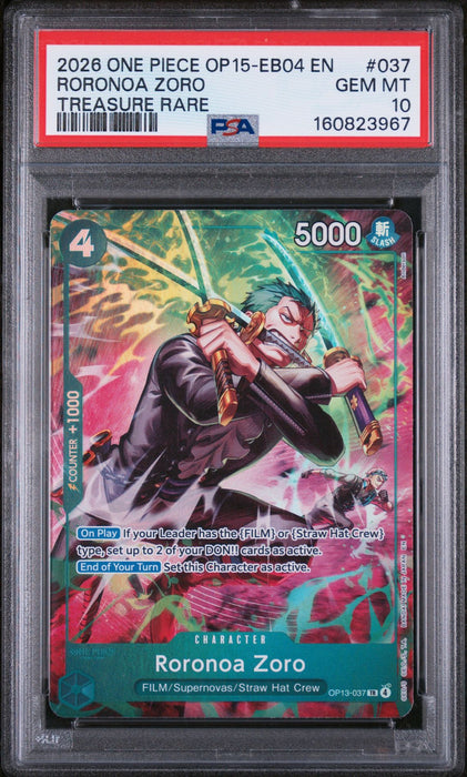 RORONOA ZORO TREASURE RARE 2026 ONE PIECE OP15-EB04-ADVENTURE ON KAMI'S ISLAND PSA GEM MT 10