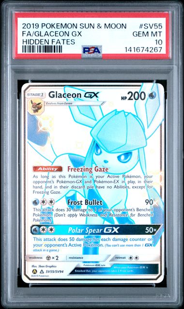 2019 POKEMON SUN & MOON HIDDEN FATES #SV55 FA/GLACEON GX HIDDEN FATES PSA 10
