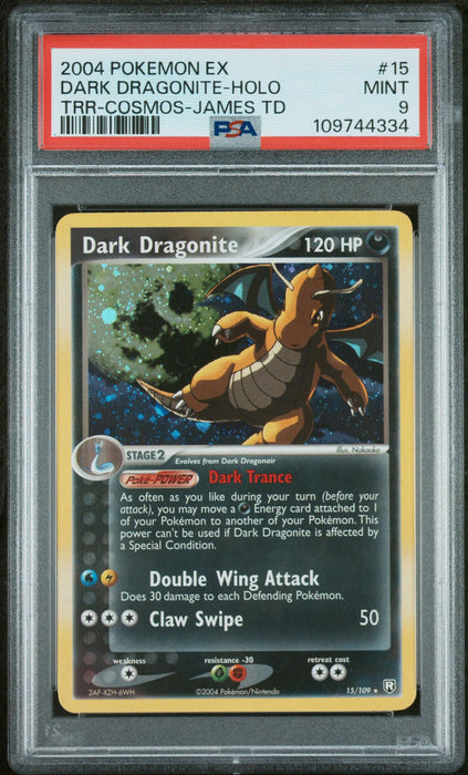 DARK DRAGONITE-HOLO TRR-COSMOS-JAMES TD 2004 POKEMON EX TEAM ROCKET RETURNS PSA MINT 9