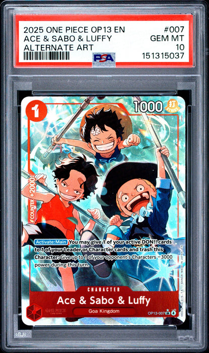 ACE & SABO & LUFFY ALTERNATE ART 2025 ONE PIECE OP13-CARRYING ON HIS WILL PSA GEM MT 10