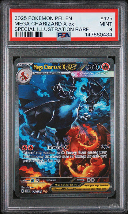 MEGA CHARIZARD X ex SPECIAL ILLUSTRATION RARE 2025 POKEMON PFL EN-PHANTASMAL FLAMES PSA MINT 9