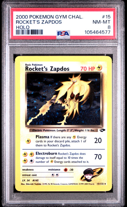ROCKET'S ZAPDOS HOLO 2000 POKEMON GYM CHALLENGE PSA NM-MT 8