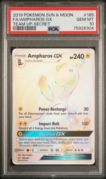 FA/AMPHAROS GX TEAM UP-SECRET 2019 POKEMON SUN & MOON TEAM UP PSA GEM MT 10
