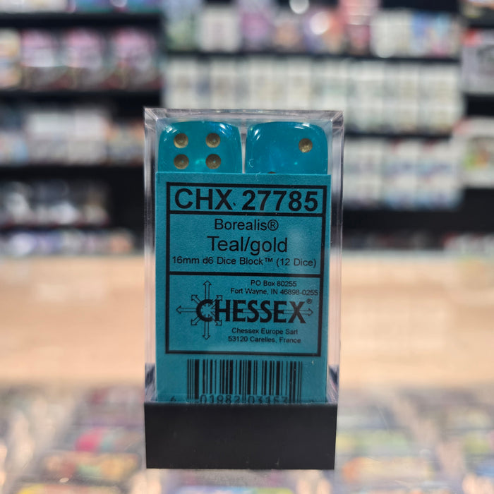 Chessex: Borealis - Luminary - 16mm D6 36PC Dice Block (Teal & Gold)