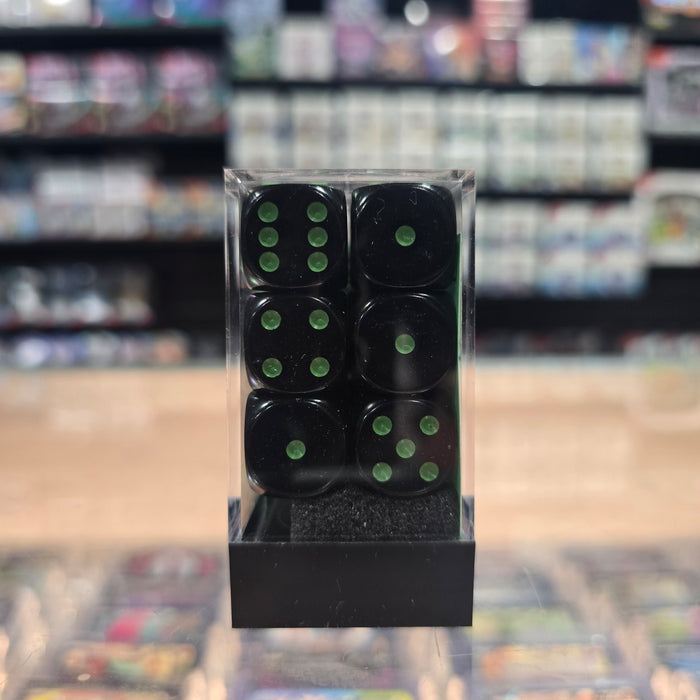Chessex: Opaque - 16mm D6 12PC Dice Block (Black & Green)