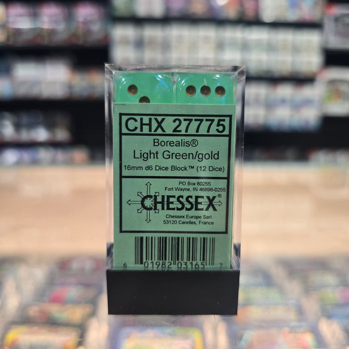 Chessex: Borealis - Luminary - 16mm D6 36PC Dice Block (Light Green & Gold)