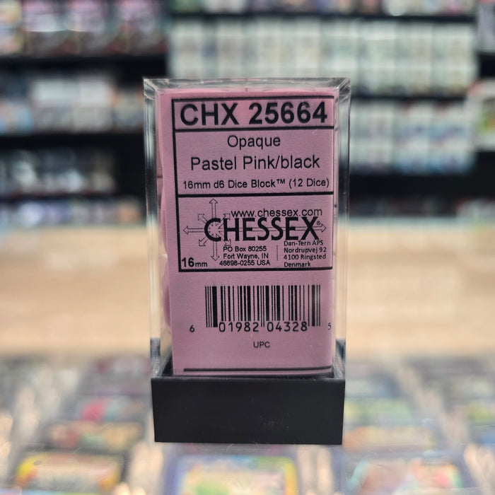 Chessex: Opaque - 16mm D6 12PC Dice Block (Pastel Pink & Black)