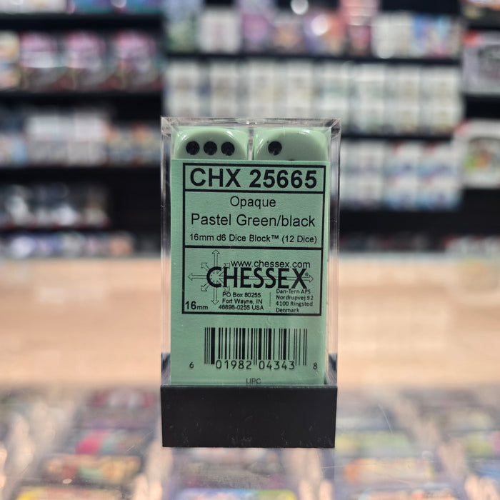 Chessex: Opaque - 16mm D6 12PC Dice Block (Pastel Green & Black)