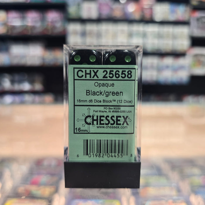 Chessex: Opaque - 16mm D6 12PC Dice Block (Black & Green)