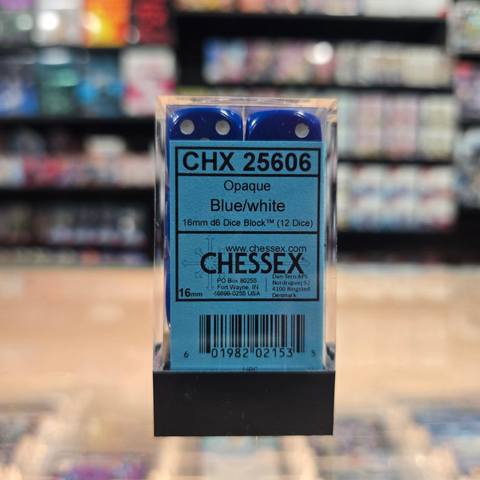 Chessex: Opaque - 16mm D6 12PC Dice Block (Blue & White)
