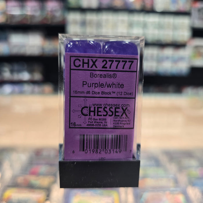 Chessex: Borealis - Luminary - 16mm D6 12PC Dice Block (Purple & White)