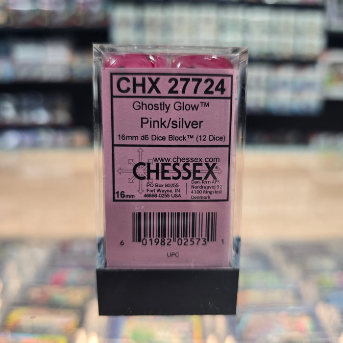 Chessex: Ghostly Glow - 16mm D6 36PC Dice Block (Pink & Silver)