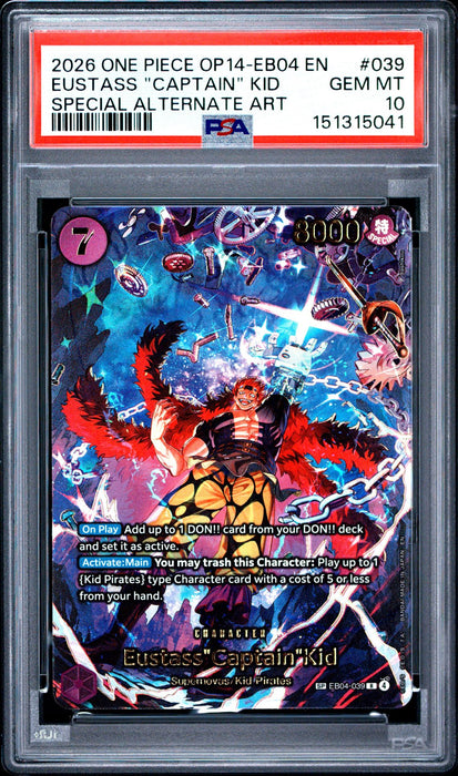 EUSTASS "CAPTAIN" KID SPECIAL ALTERNATE ART 2026 ONE PIECE OP14-EB04-THE AZURE SEA'S SEVEN PSA GEM MT 10