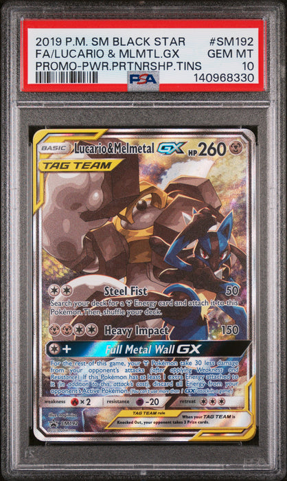 FA/LUCARIO & MLMTL.GX PROMO-PWR.PRTNRSHP.TINS 2019 POKEMON SM BLACK STAR PROMO PSA GEM MT 10