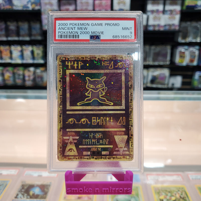 A rare Ancient Mew Pokémon card in perfect condition, typo and all